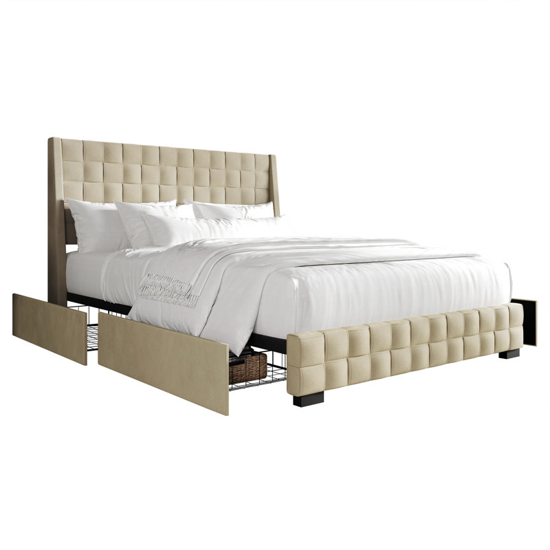 Dyisha Upholstered Unfinished Wingback Storage Bed, Champagne, King