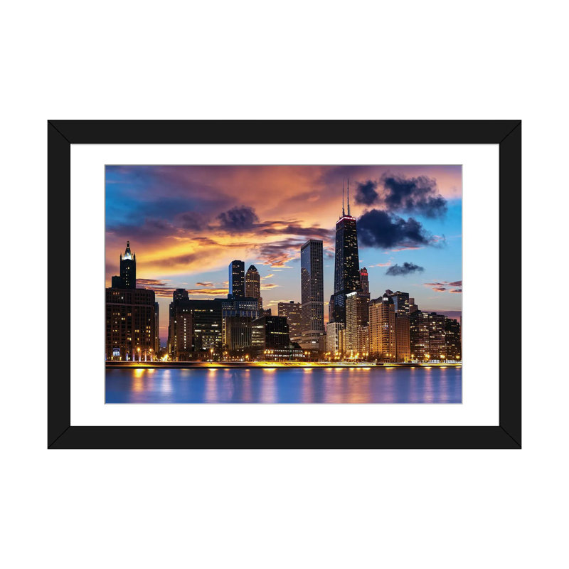 Chicago Skyline by Paul Rommer iCanvas, 16" H x 24" W x 1" D, Black Open Corner Frame Paper