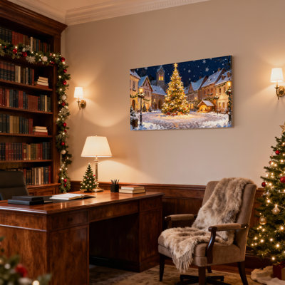 Christmas Christmas Tree Village Night Snowfall Lights Set of 3 Canvas Wall Art Prints