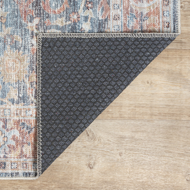 Tapis traditionnel lavable antidérapant bleu océan / brique, Rectangle 9 pi x 12 pi
