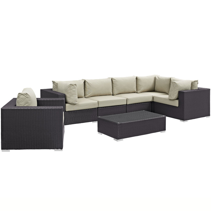 Modway Convene Wicker Rattan 7-Piece Outdoor Patio Sectional Sofa Furniture Set, Beige