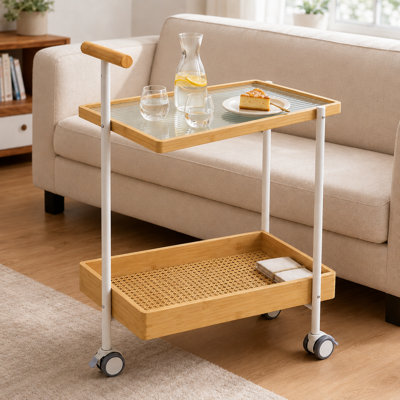 2-Tier Rolling Bar Cart with Tempered Glass Top, Rattan Shelf, Handle and Locking Wheels