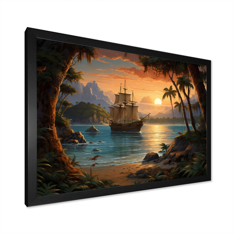 Pirate Boat Lost Isles - Pirate, reproduction d'art sur toile encadrée, Cadre simple noir, H 30 po x l 40 po x P 1,5 po