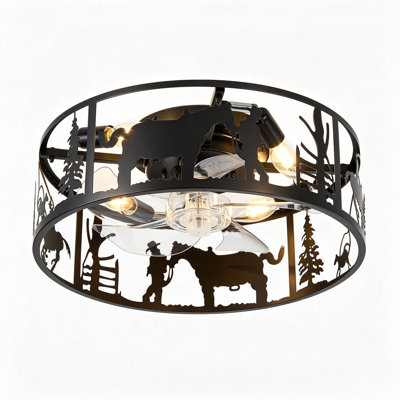 Ventilateur de plafond encastré de 45 cm (17,72 po) avec éclairage intégré, style western western, moteur réversible à 6 vitesses, pales dissimulées et télécommande.