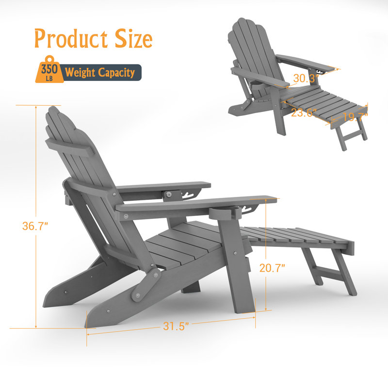 HIPS Folding Adirondack Chair Adjustable Chair with Ottoman Fire Pit Patio Chair for Outdoor, Gray