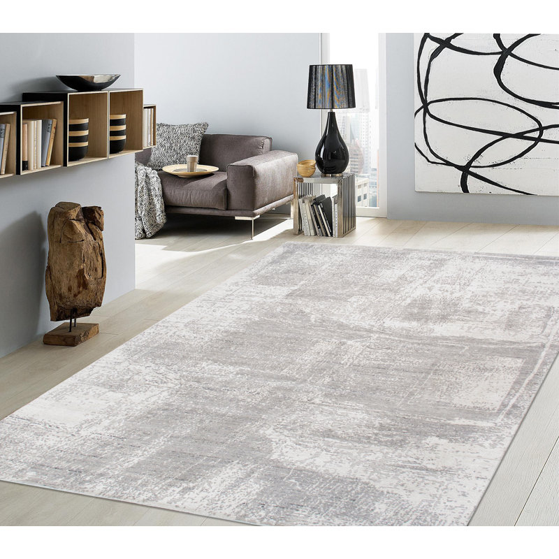 Tapis abstrait gris / blanc tissé à la main 8 pi 1 po x 10 pi 1 po Adra