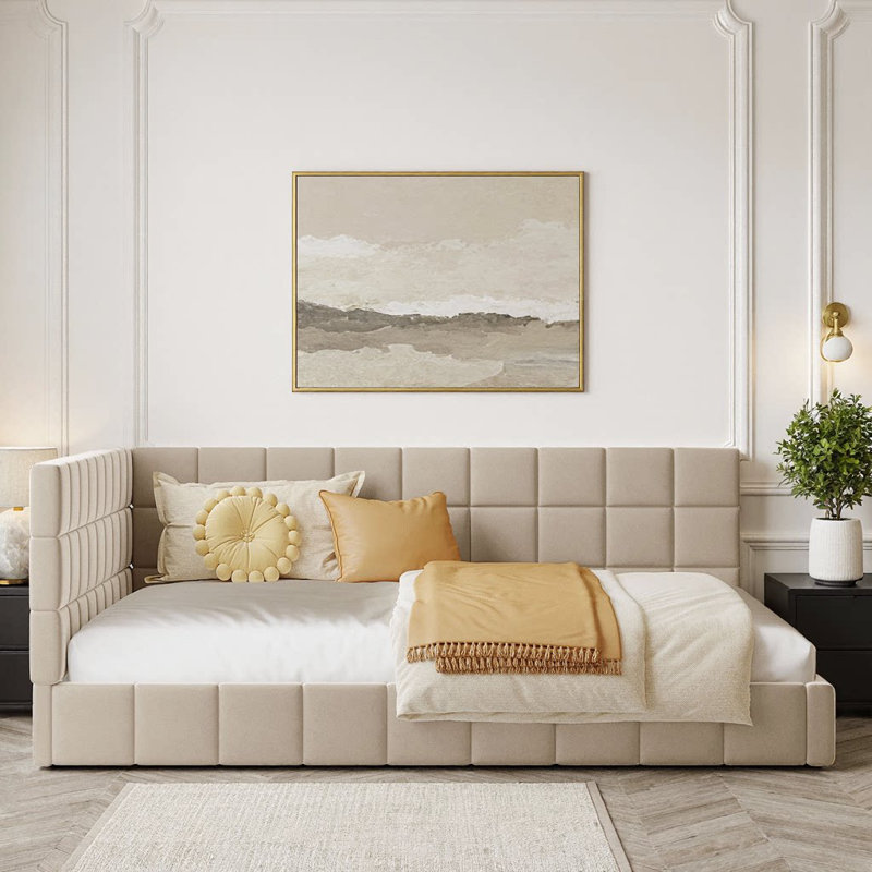 Structure de canapé-lit double en velours pleine grandeur de style moderne Mid-Century beige, Beige
