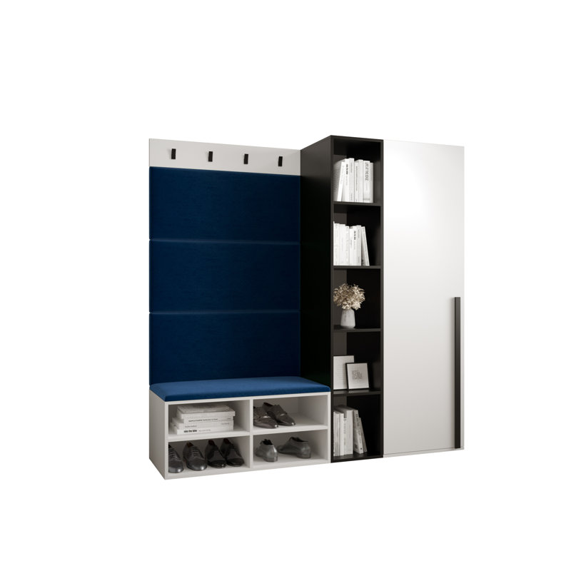 Jais Hall Tree with Bench and Shoe Storage, White Matt/Blue