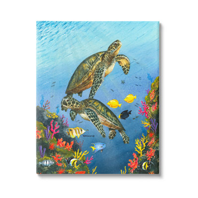 " Sea Turtles Swimming Underwater Reef " by Dave Bartholet Painting Print