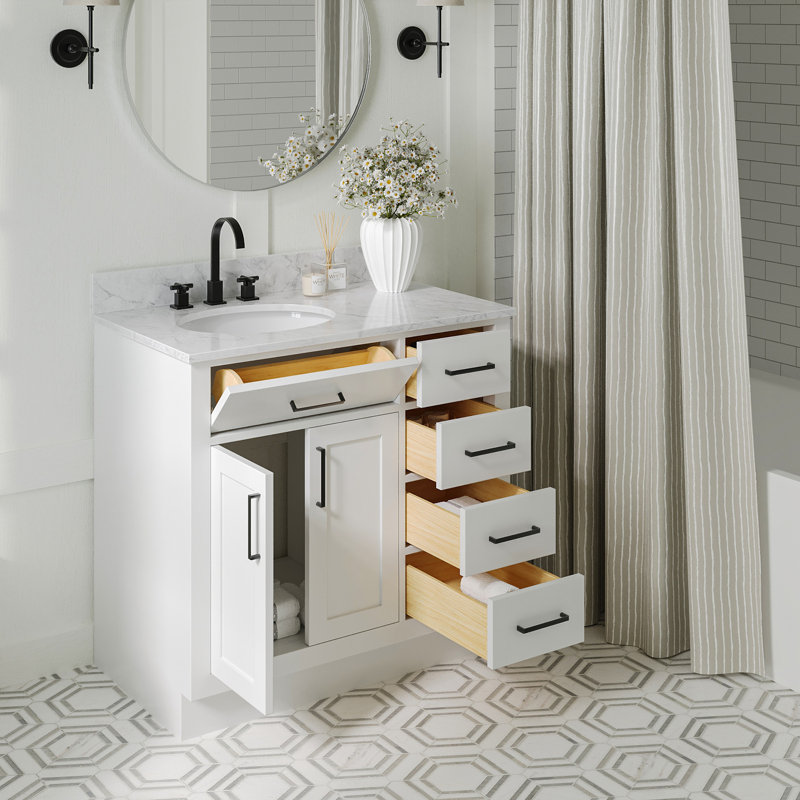Meuble-lavabo simple Jameal de 36 po en bois massif avec comptoir en marbre de Carrare de 0,75 po et lavabo ovale dÃ©calÃ© Ã  droite
