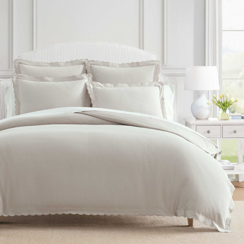 Martha Stewart Signature Scallop Solid Reversible Duvet Cover Set, Gray, Queen Duvet Cover + 2 Standard Shams