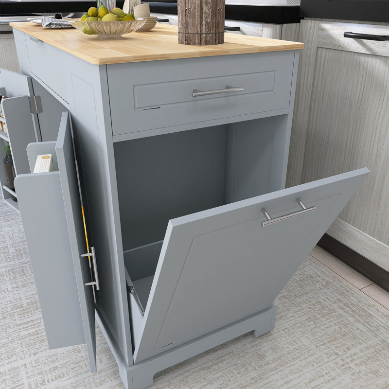 Chariot de cuisine 48,5 po en bois d'hévéa avec armoire de rangement pour poubelle et prise de courant