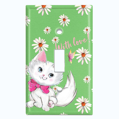 Metal Light Switch Plate Outlet Cover (Cute Cat Pink Hearts Flowers Green - Single Toggle)