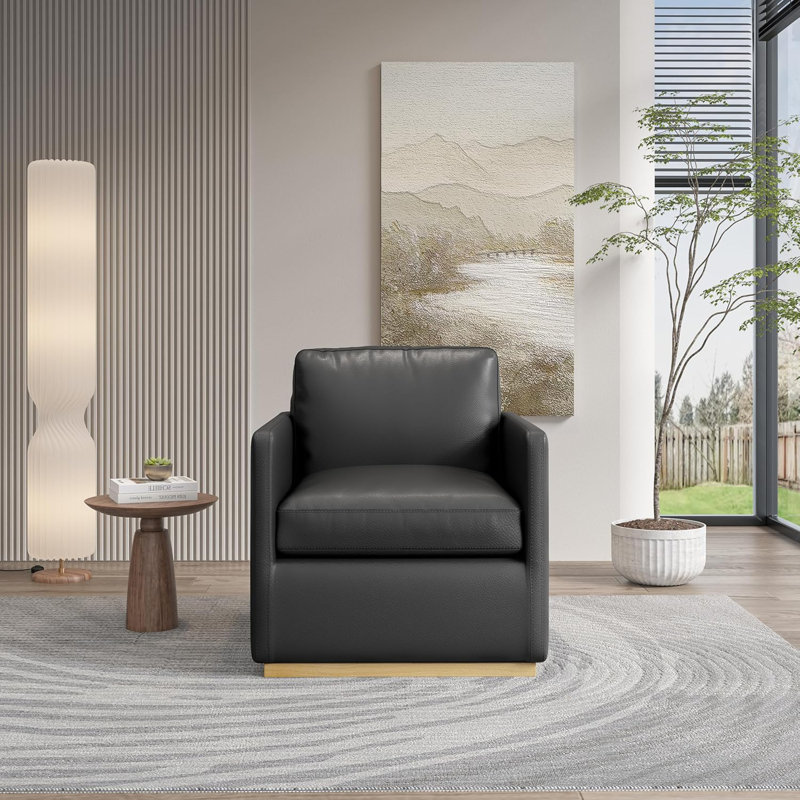  Ebern Designs Premium Barrel Swivel Chair, Black Faux Leather