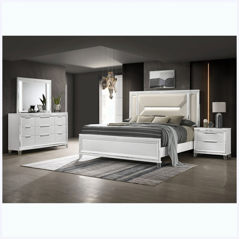 Ensemble de chambre avec très grand lit blanc 4 pièces Eastern, 4 Pcs: Bed, Nightstand, Dresser, Mirror, King