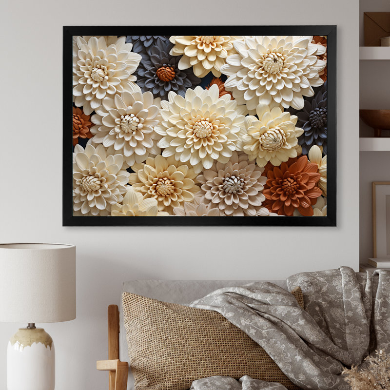 «Chrysanthemums White Mosaic Garden» sur toile, H 24 po x l 32 po x P 1 po, Cadre simple noir