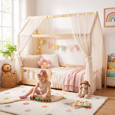 Lit cabane Montessori en bois pour tout-petits, avec toit et barrières de sécurité, cadre de lit cabane bas pour garçons et filles