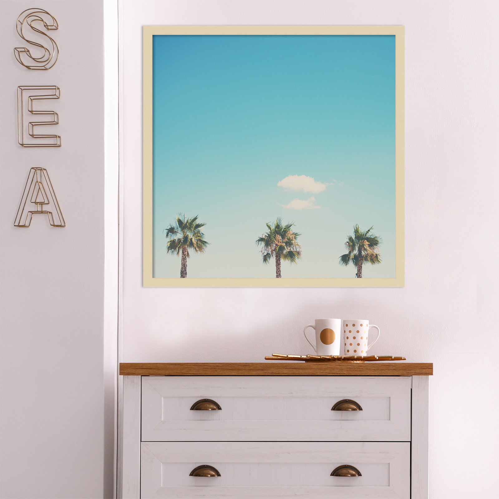 A Trio Of Palm Trees by Laura Evans, Natural Framed, 33.38" H x 33.38" W x 0.875" D