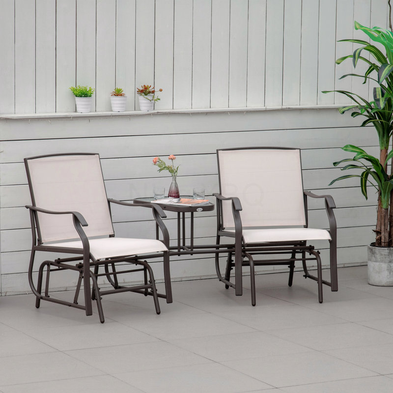 Beige Outdoor Glider Chairs With Coffee Table, Patio 2-Seat Rocking Chair Swing Loveseat With Breathable Sling For Backyard Garden And Porch