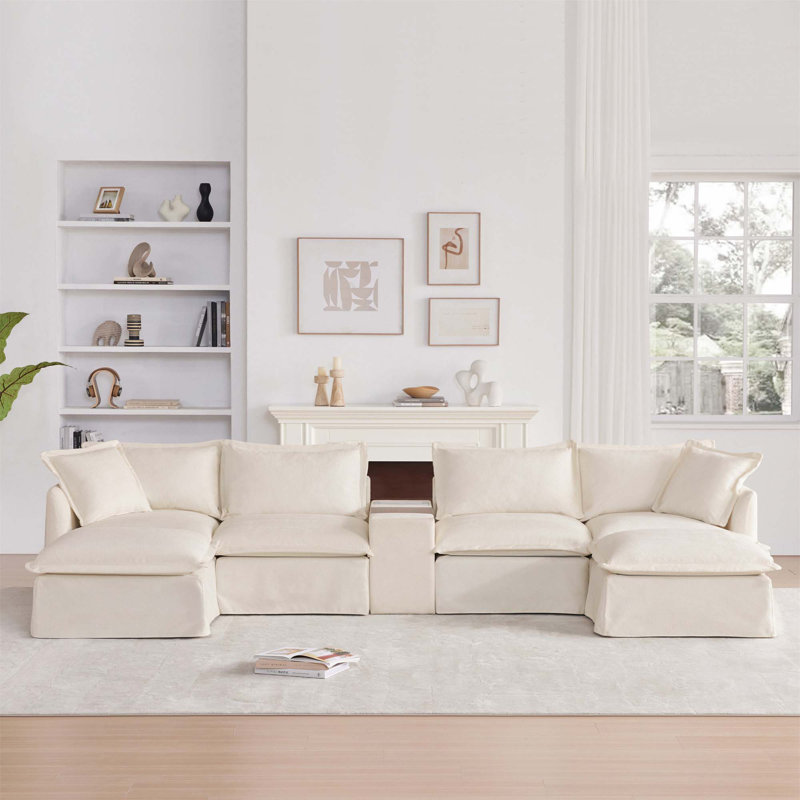Luxurious Modular Sofa with Versatile Ottomans and Functional Console for Cozy Living, Beige Chenille