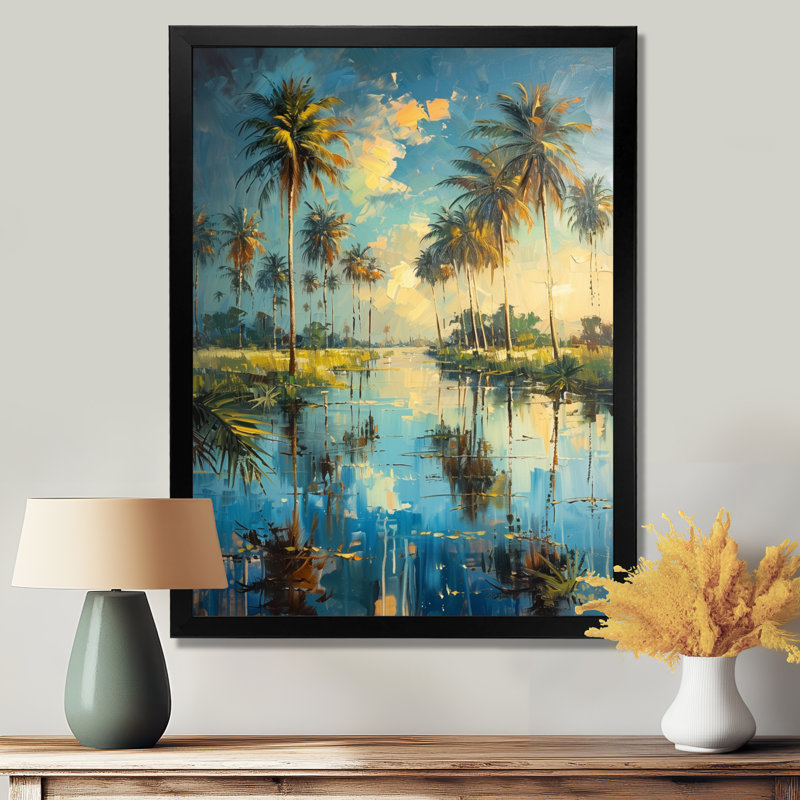 Green Palm Trees Serenity II - palmiers et palmiers, art mural, Cadre simple noir, H 16 po x l 32 po
