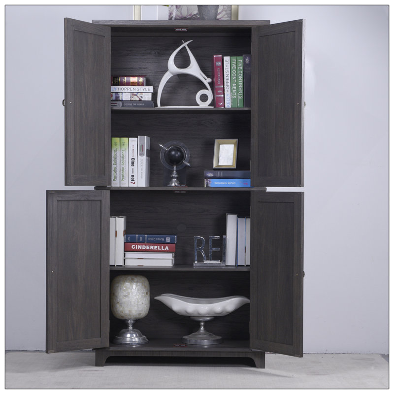 Buffet présentoir avec 4 portes en miroir en acrylique, armoire de rangement à tablettes réglables pour la cuisine, le salon, l'armoire de chambre à coucher, panneau de fibres à densité moyenne finition brun foncé