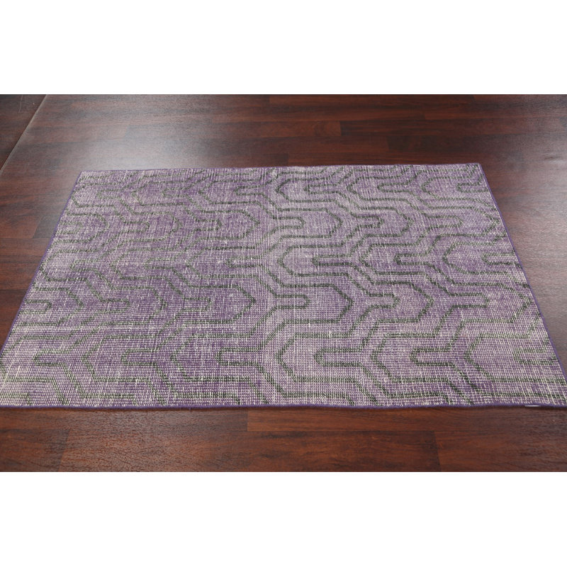 Tapis mauve en laine noué à la main de conception unique 3 pi 7 po x 5 pi 7 po