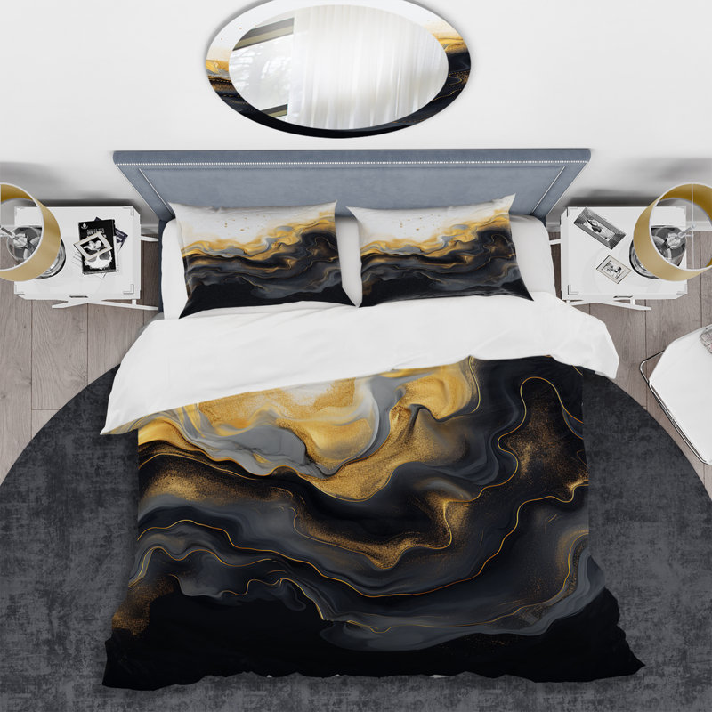 Ensemble de housse de couette en marbre doré et noir Essence II - Abstract Marble