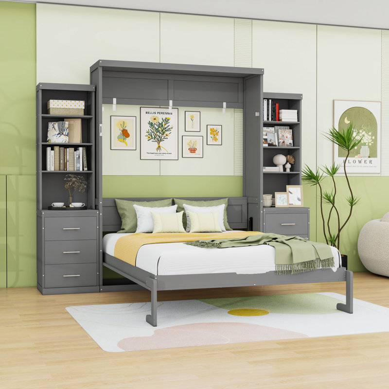 Lit escamotable multifonctionnel en bois avec tiroirs de rangement intégrés et tablettes robustes, Full / Double, Gray