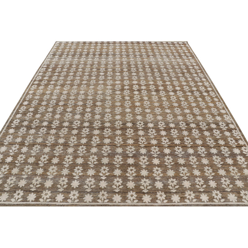 Rug & Kilim’S Modern Block Print Rug In Brown With White Floral Patterns, Rectangle 5' x 7'