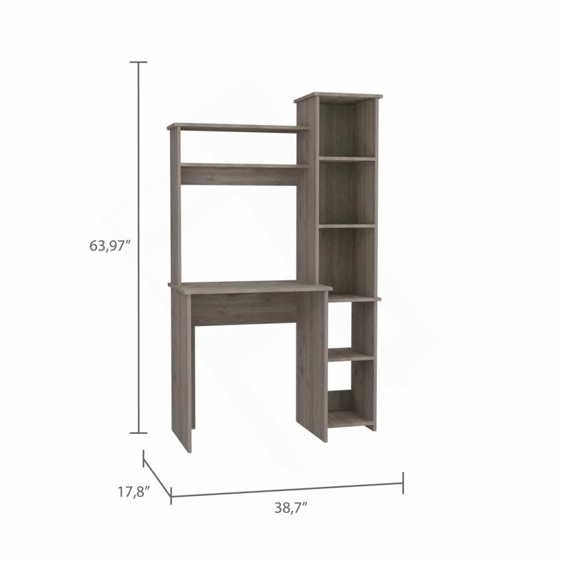 Bureau d'écriture gris clair à 6 tablettes avec bibliothèque intégrée, Gris clair