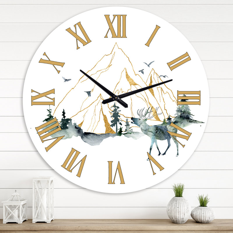 Horloge murale moderne paysage minimaliste de Forest Mountains & Deer, Grand