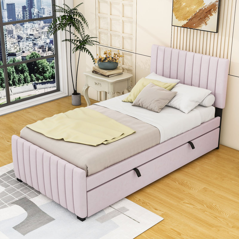 Elegant Velvet Upholstered Bed with Twin Trundle, Twin, Pink