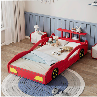 Lit de voiture de course en bois, lit plateforme simple en forme de voiture avec roues pour adolescents