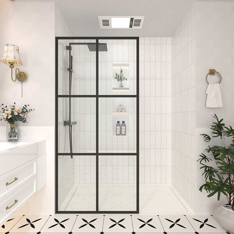 34 po X P 72 po H Porte de douche à cadre fixe au fini noir mat avec verre à motif