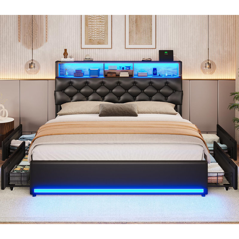Lit plateforme tapissier avec rangement, Double, Noir