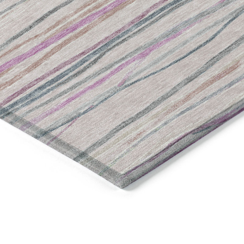 Pink and Gray Striped Synthetic Washable Rug 3' x 5'