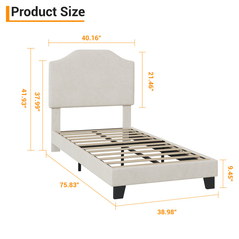 Structure de lit simple en tête de lit simple en velours côtelé - Plateforme robuste et silencieuse, lattes en bois, aucun sommier requis, assemblage facile, blanc