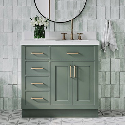 Meuble-lavabo simple en bois massif 36 po Tidworth avec plateau en quartz 1,5 po