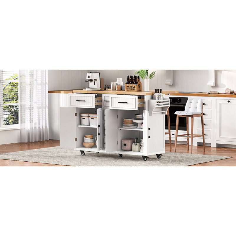 Îlot de cuisine 56,5 po avec rallonge, prise de courant, chariot de cuisine sur roulettes à rayures verticales en relief avec 4 portes, 5 tiroirs profonds et tablettes réglables, pour la cuisine, la salle à manger