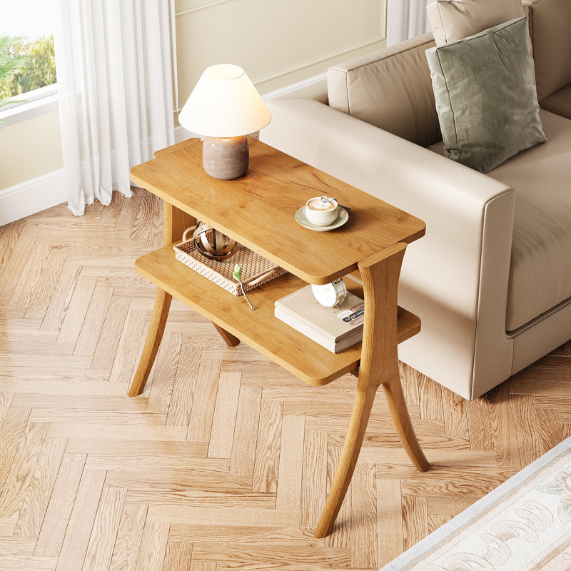 24.6'' Tall End Table Side Table With 2-Tier Storage Shelves And Solid Wood Legs, Warm Brown