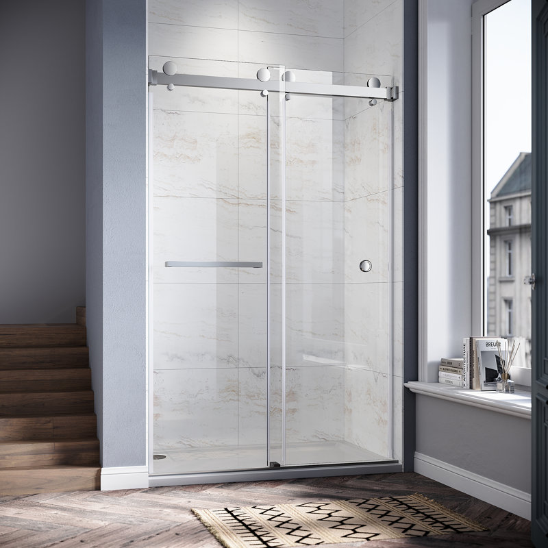 UKD01 46 to 49 in. x 76 in. H Frameless Double Sliding Shower Door with 3/8 in. (10mm) Clear Glass , Chrome, 49" W x 76" H