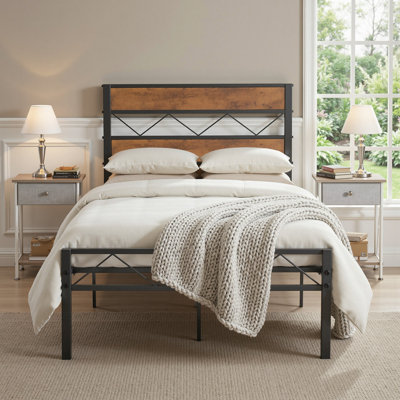 Ensemble de chambre à coucher industriel, lit plateforme en métal et 2 tables de chevet, aucun sommier requis, assemblage facile
