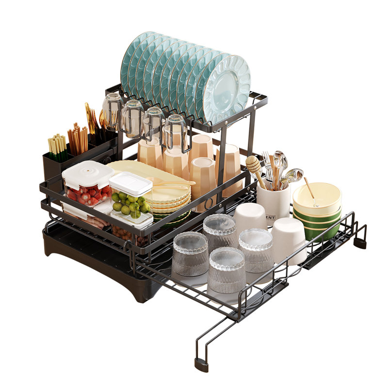 Over-the-Sink Dish Drying Rack,2-Tier Pull-Out Foldable Stainless Steel Dish Drainer with Utensil Holder,Rustproof Space-Saving Kitchen Organizer for Small Kitchens