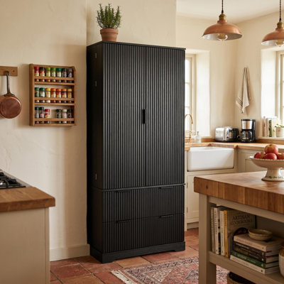 72" Modern Fluted Kitchen Pantry Cabinet with 2 Large Drawers & 8-Door Spice Rack, Freestanding Storage Organizer for Bathroom, Dining Room, Office, Entryway, Black