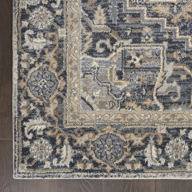 Navy and Beige Synthetic Rectangular 5' x 7' Area Rug