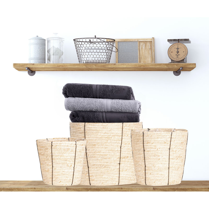 Round Handwoven Corn Rope Baskets with Thin Stripes and Plastic Liner