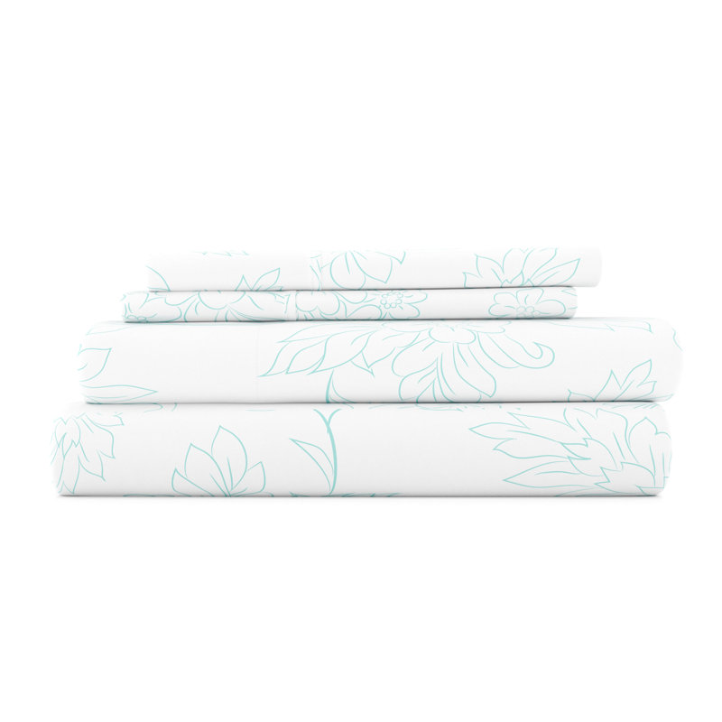 Aqua Floral Twin Cotton Polyester Microfiber Sheet Set