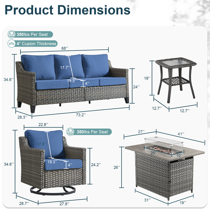 Ensemble de conversation d'extérieur en osier pour 5 personnes avec chaises pivotantes, table de foyer et table d'appoint Arlene