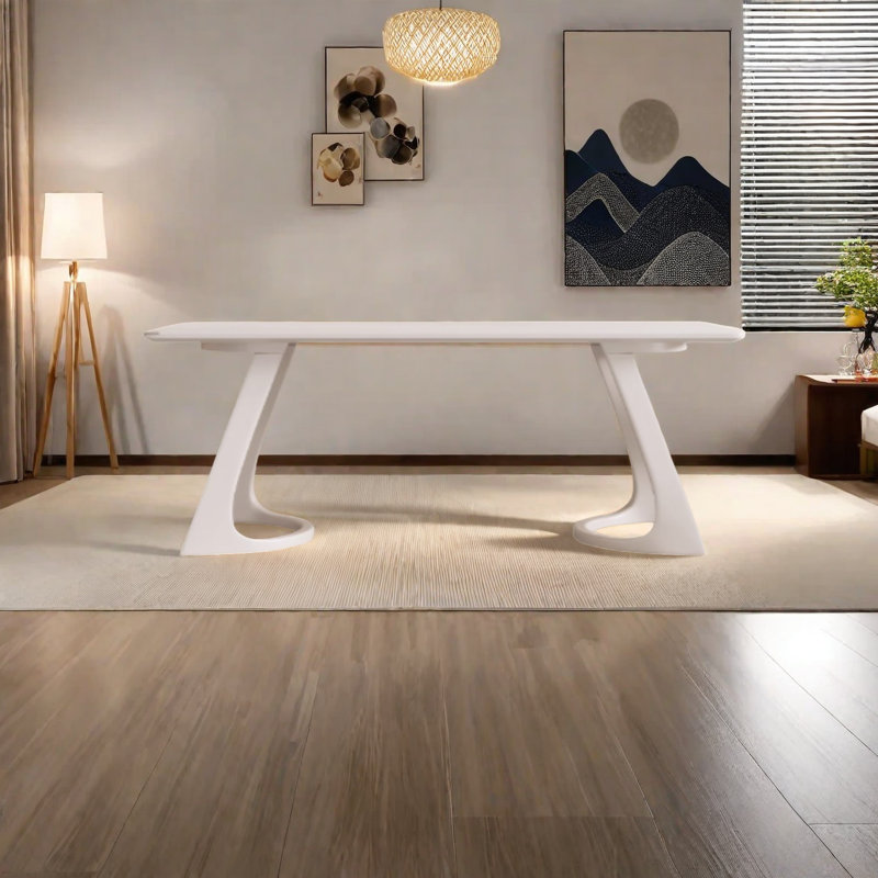 Table en pierre frittée avec base en bois de frêne massif, Crème, crème, H 29,5 po x L 70,8 po x l 35,4 po, Crème, crème